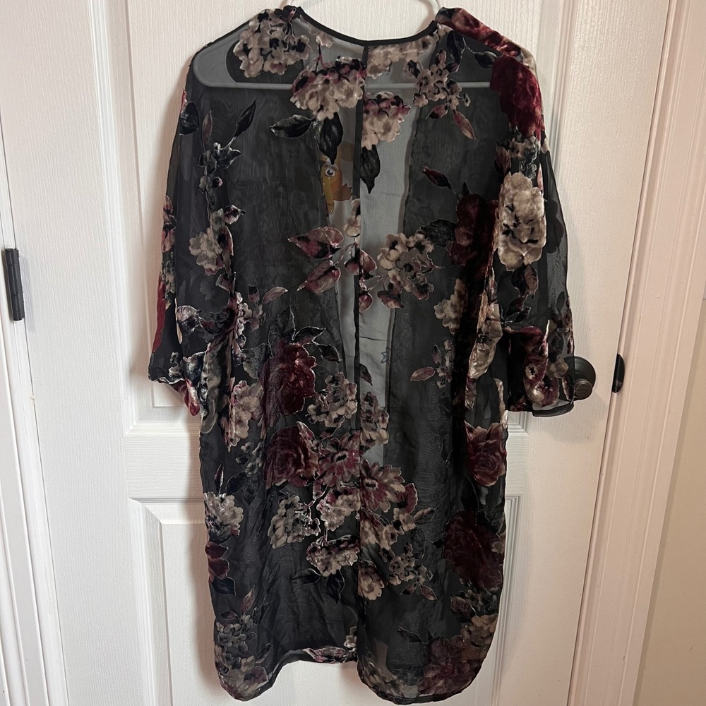 Three Eighty Two Black Floral Velvet Burnout Kimono Duster Cardigan Jacket M - Picture 7 of 8